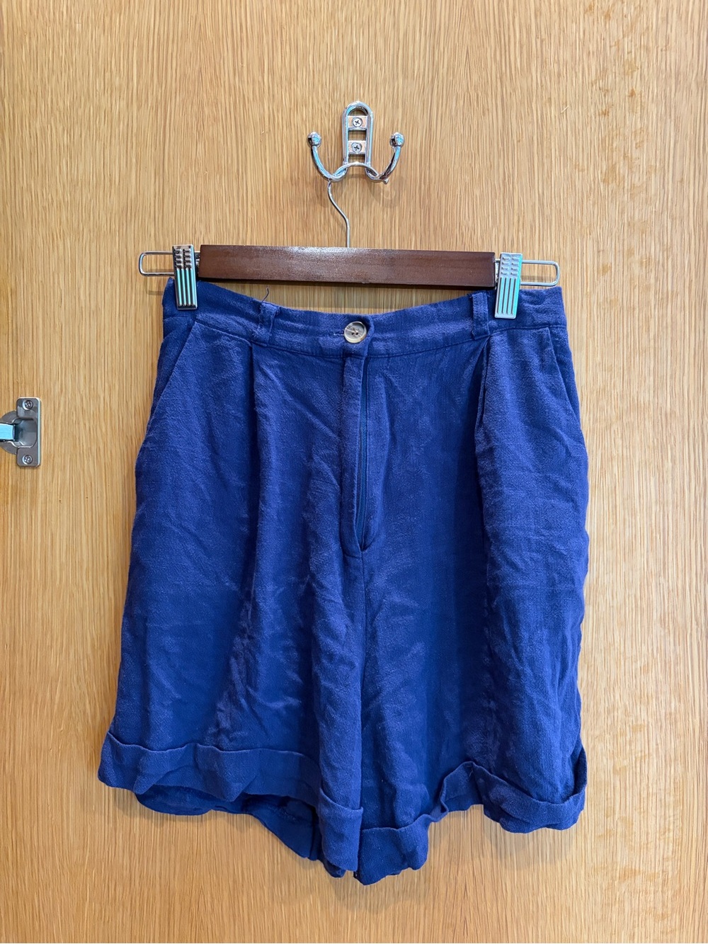 Parisian Brand Blue Women's High-Waist Cotton Linen Blend Shorts